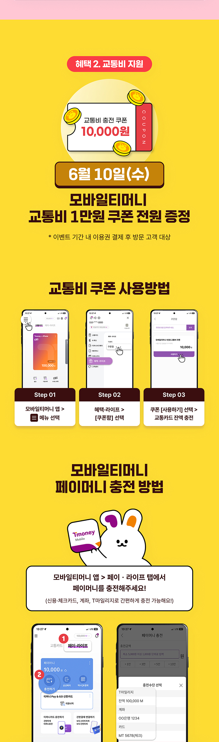 혜택 2. 교통비 지원 교통비 충전 쿠폰 10,000원 6월 10일(수) 모바일티머니 교통비 1만원 쿠폰 전원 증정 * 이벤트 기간 내 이용권 결제 후 방문 고객 대상 교통비 쿠폰 사용방법 Step 01 모바일티머니 앱 > 메뉴 선택 Step 02 혜택·라이프 > [쿠폰함] 선택 Step 03 쿠폰 [사용하기] 선택 > 교통카드 잔액 충전 모바일티머니 페이머니 충전 방법 모바일티머니 앱 > 페이·라이프 탭에서 페이머니를 충전해주세요! (신용·체크카드, 계좌, T마일리지로 간편하게 충전 가능해요!)