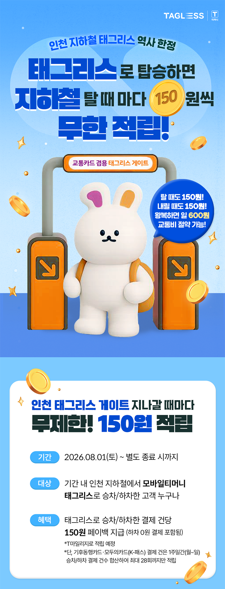 TAGLESS T머니, 인천 지하철 태그리스 역사 한정 태그리스로 탑승하면 지하철 탈 때 마다 150원씩 무한 적립!, 교통카드 겸용 태그리스 게이트, 탈 때도 150원! 내릴 때도 150원! 왕복하면 일 600원 교통비 절약 가능!, 인천 태그리스 게이트 지나갈 때마다 무제한! 150원 적립, 기간: 2026.08.01(토) ~ 별도 종료 시까지, 대상: 기간 내 인천 지하철에서 모바일티머니 태그리스로 승차/하차한 고객 누구나, 혜택: 태그리스로 승차/하차한 결제 건당 150원 페이백 지급 (하차 0원 결제 포함됨) *T마일리지로 적립 예정
