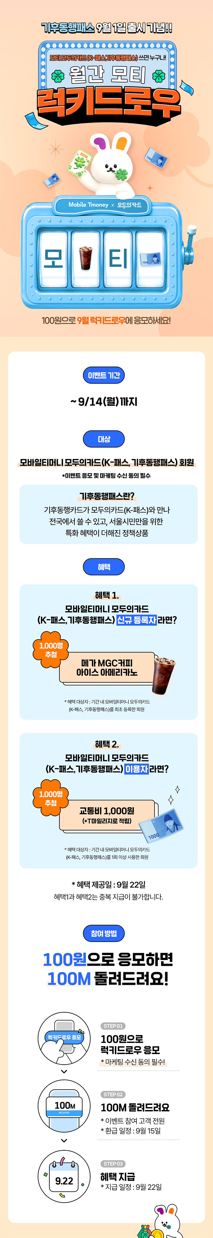 기후동행패스 9월 1일 출시 기념!! 모바일티머니 모두의카드(K-패스, 기후동행패스) 회원 누구나 월간 모티 럭키드로우! 100원으로 응모하면 100M 돌려드려요! 이벤트기간: 9/1(화) - 9/14(월). 대상: 모바일티머니 모두의카드 (K-패스, 기후동행패스) 회원 *이벤트 응모 및 마케팅 수신 동의 필수. 기후동행패스란? 기후동행카드가 모바일티머니로 들어와 전국에서 쓸 수 있고, 대중교통 이용 위주 특별 혜택이 더해진 카드. 혜택 1. 모바일티머니 모두의카드 (K-패스, 기후동행패스) 신규 등록자라면? 1,000명 추첨 메가 MGC커피 아이스 아메리카노. *혜택 제공일 전까지 해당 등록 상태 유지 시 혜택 지급 (등록 해지 / 명의 변경 / 명의 탈퇴 제외). 혜택 2. 모바일티머니 모두의카드 (K-패스, 기후동행패스) 이용자라면? 1,000명 추첨 교통비 1,000원 (T마일리지로 적립). *혜택 제공일 전까지 해당 이용 상태 유지 시 혜택 지급 (이용 해지 / 명의 변경 / 명의 탈퇴 제외). *혜택 제공일 : 9월 22일 *해당 혜택은 상충 지급되지 않습니다. 참여 방법: 100원으로 응모하면 100M 돌려드려요! STEP 01: 100원으로 럭키드로우 응모 *마케팅 수신 동의 필수 / STEP 02: 100M 돌려드려요 *이벤트 참여 즉시 적립 *적립 유효기간: 9월 15일 / STEP 03: 혜택 지급 *지급 일정: 9월 22일